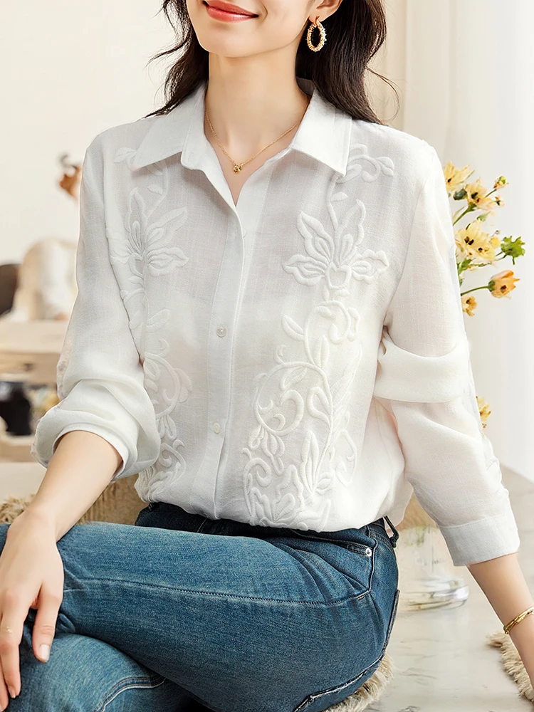 

3XL Luxury Embroidered White Shirts Women Long Sleeve Korean Fashion Casual Blouse Elegant Office Ladies Commute Tops Shirts