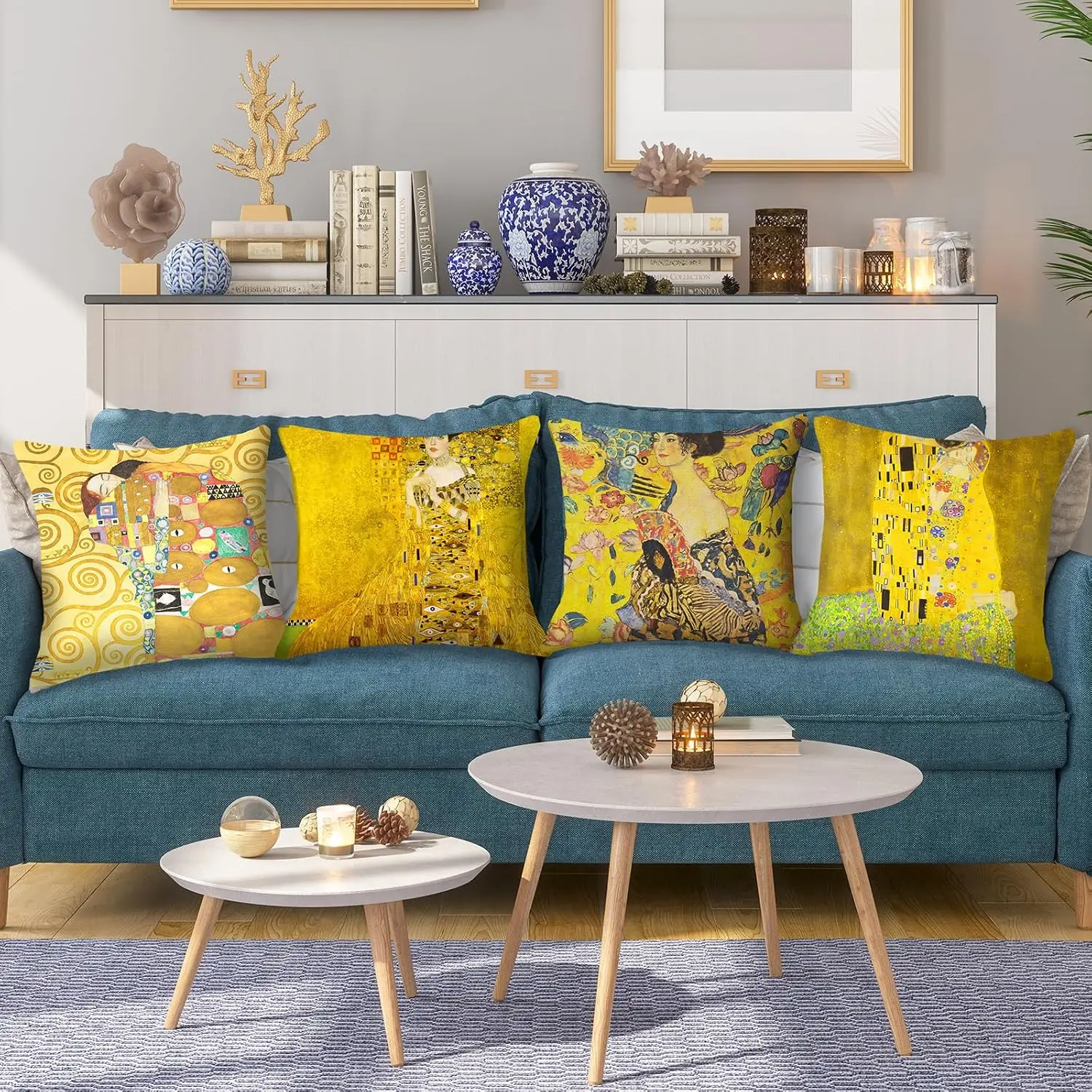 Gustav Klimt Set of 4 Double Sided Throw Pillow Covers The Kiss Yellow Art Oil Painting Cushion Cases Couch Sofa Decor