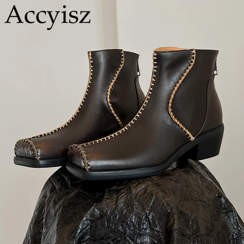 

Retro leather handmade casual women's short boots with thick heels and zippers handmade comfortable commuting short boots