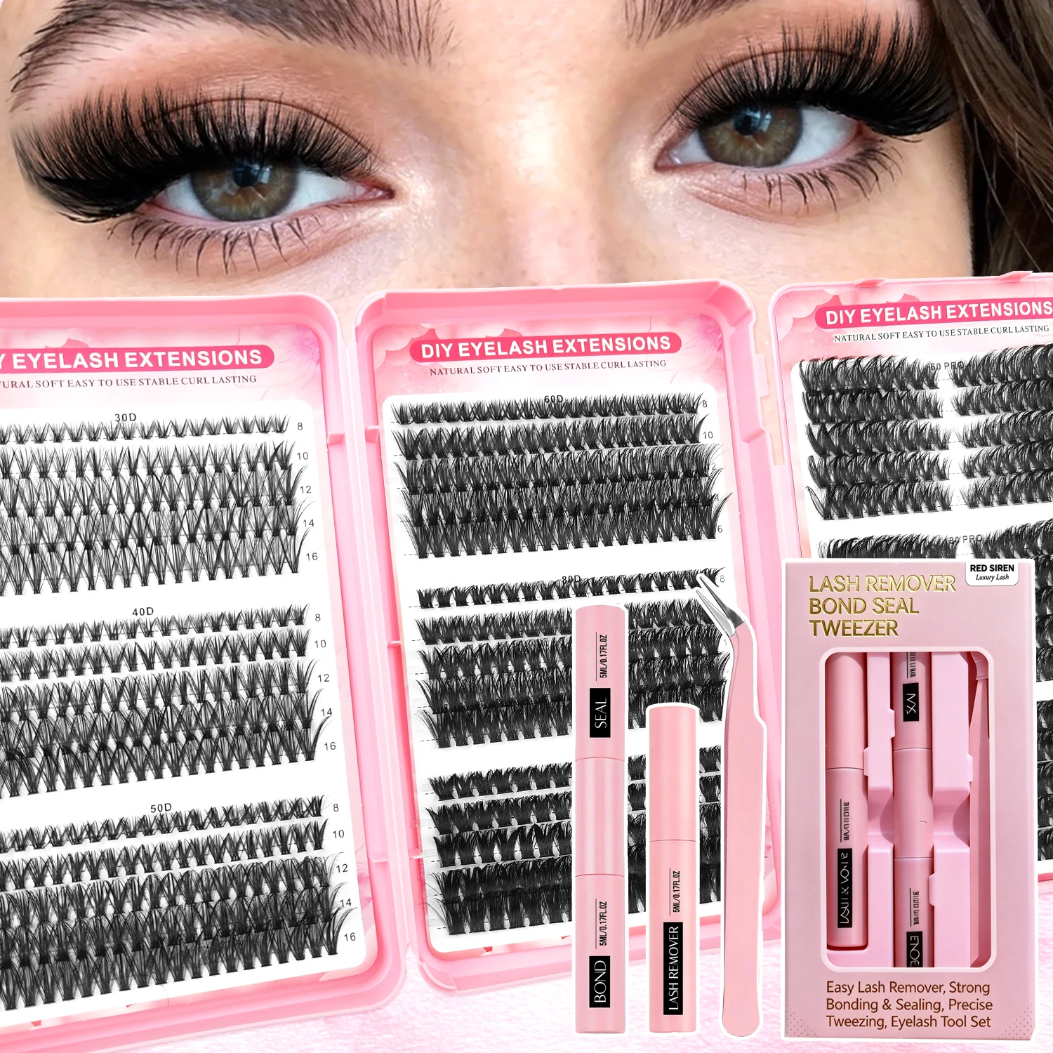 3-Fold Cluster Lash Kit 830Pcs Individual Lashes 30D-100D Wispy Thick Natural DIY Eyelash Extensions Glue Remover Tweezer Set