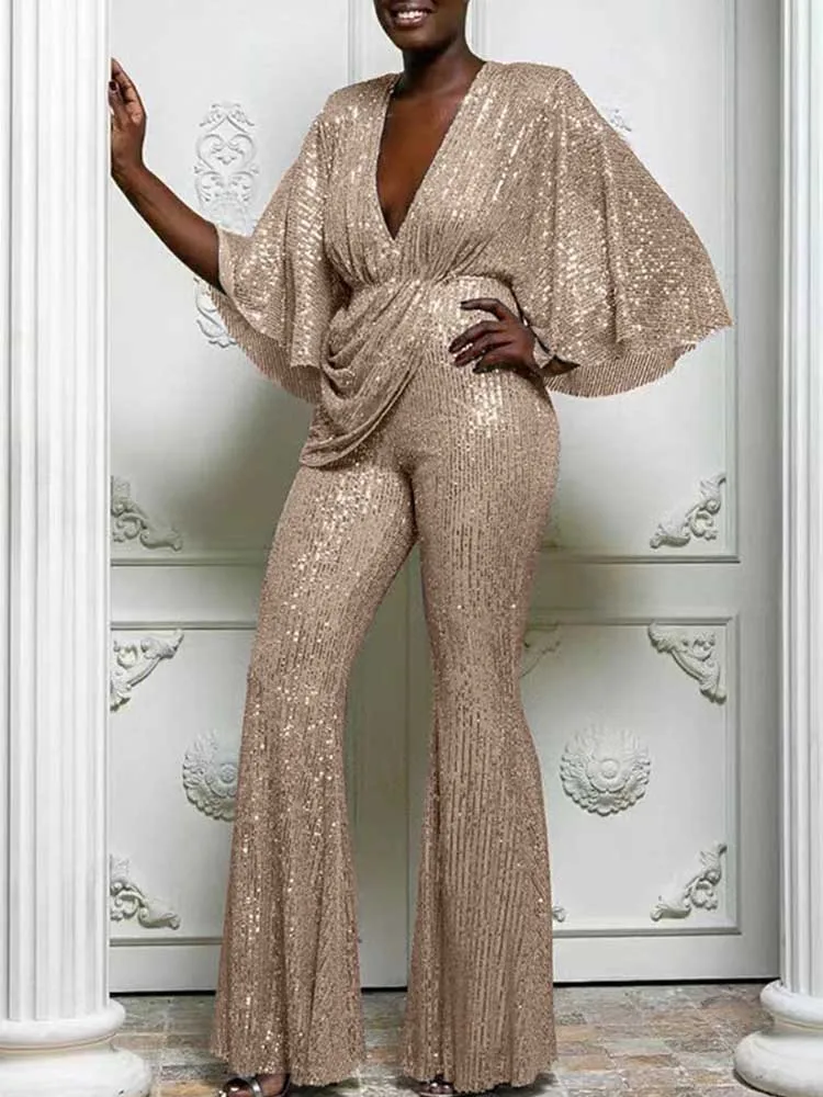 Elegant Party Jumpsuits สําหรับผู้หญิง One Piece ชุดเซ็กซี่ Backless Jumpsuit กับเลื่อมยืดตรง Flare กางเกง Jumpsuits