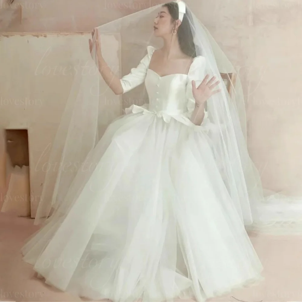

Customized Wedding Dresses Tulle A-Line Elegant Bridal Gowns Button Bride Robes Floor Length Simple vestidos de novia