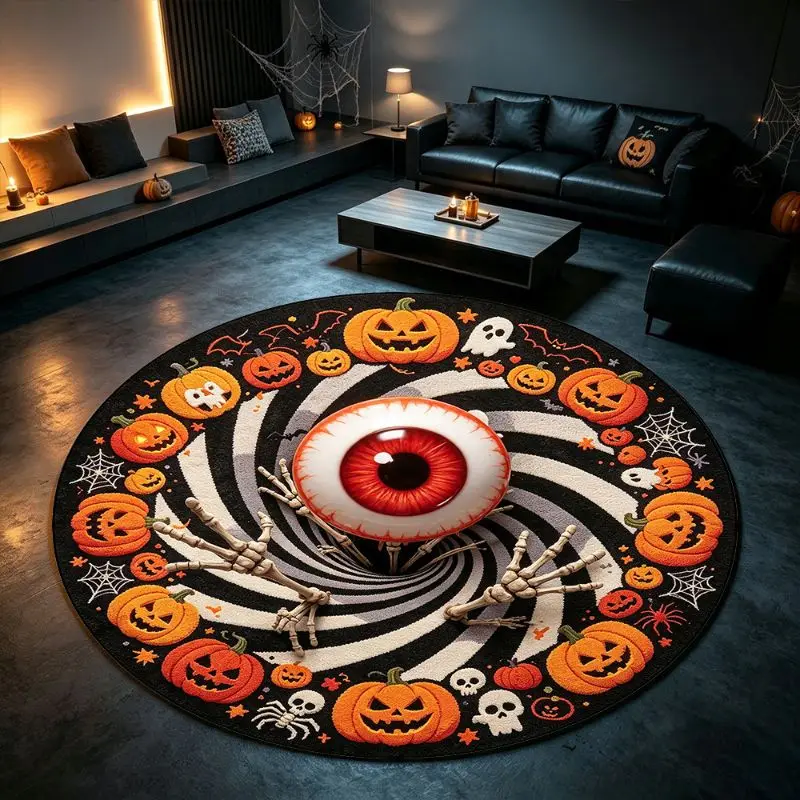 VIKAMA Halloween Round Rug Gear Portal Skull Neon Dark Area Rug Living Room Holiday Home Decor Aesthetic Art Premium Cute