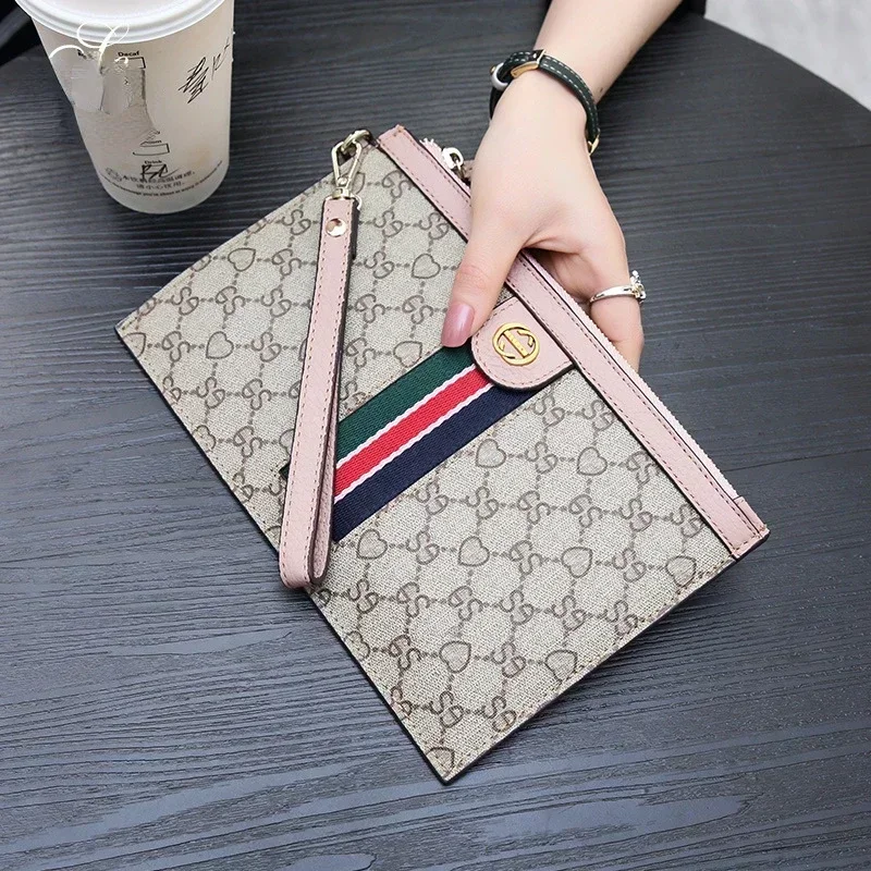 

Women Fashion Clutch Wallet PVC + Genuine Cow Leather Strip Letter Cellphone Holder Envelop Money Clip with Zipper Handbag 6Z