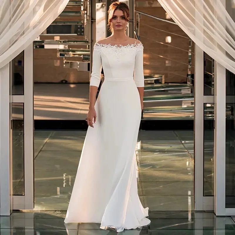 Maßgeschneiderte Schlichte Weiße Schulterfreie Brautkleider Meerjungfrau-Satin Pailletten-Hochzeitskleider mit Applikationen 2026 Vestido De Noiva – Detail 5