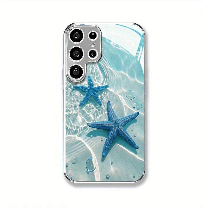Blue starfish patterned glass phone case suitable for Samsung Galaxy S26 S25 S24 S23 S22 S20 FE/Ultra/Plus anti drop back cover