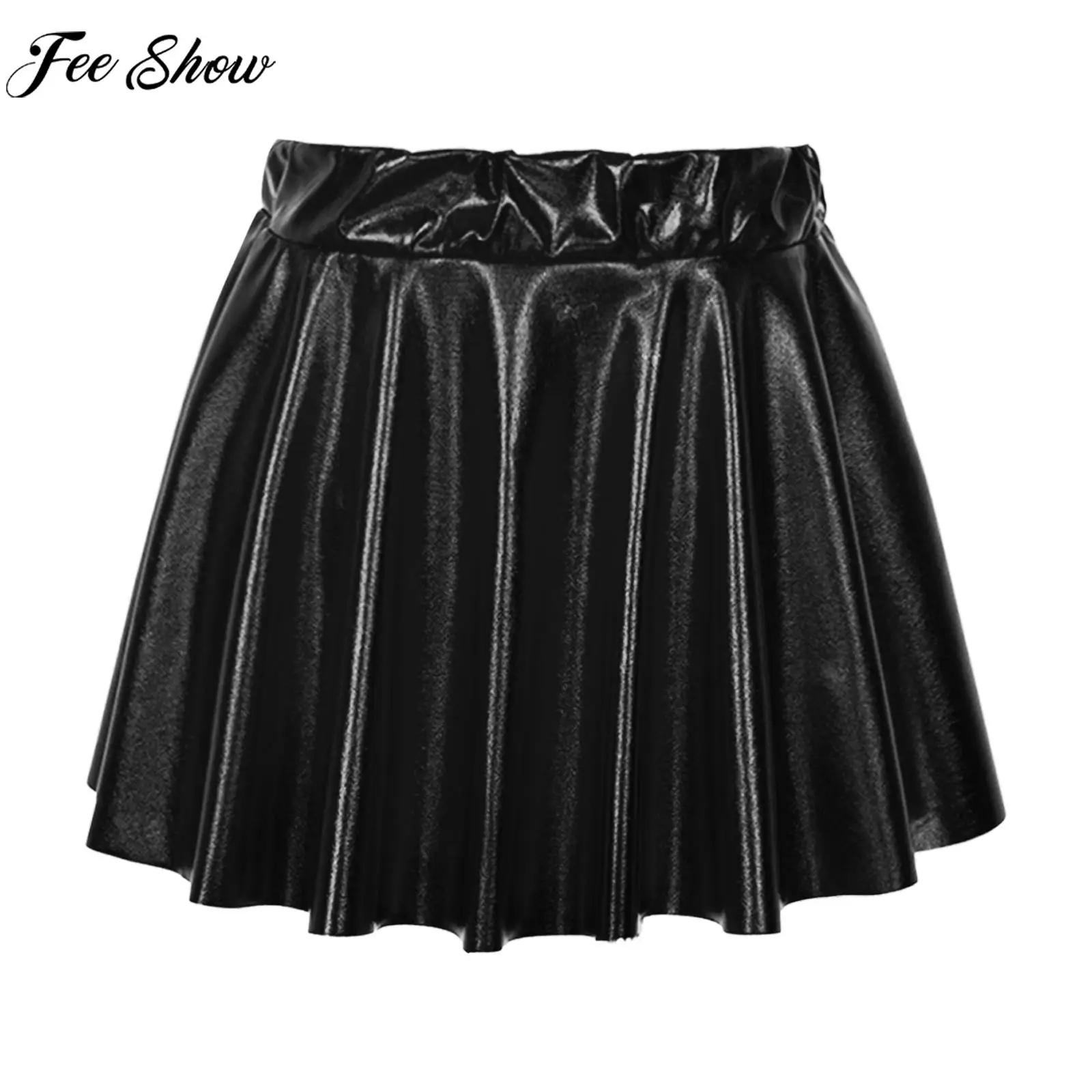 Girls Shiny Metallic Pleated Dance Skirt Skating Athletic Jazz Dance Performance Costume Elastic Waistband Tutu Party Dancewear