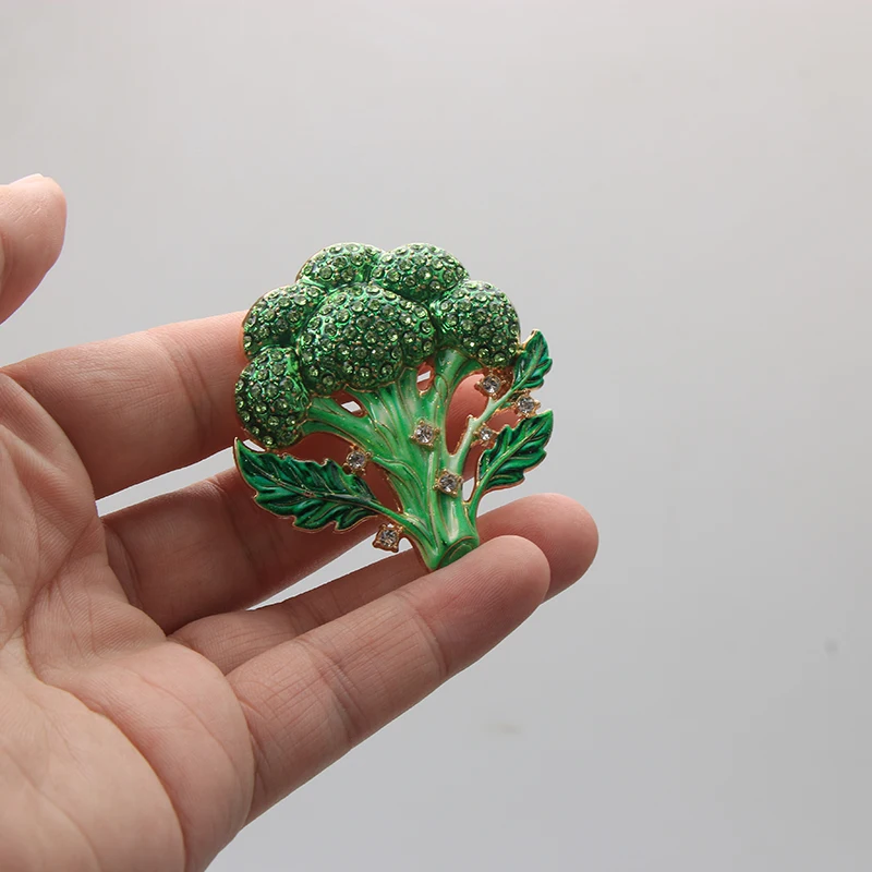 Green Rhinestone Broccoli Vegetable Brooch Pin