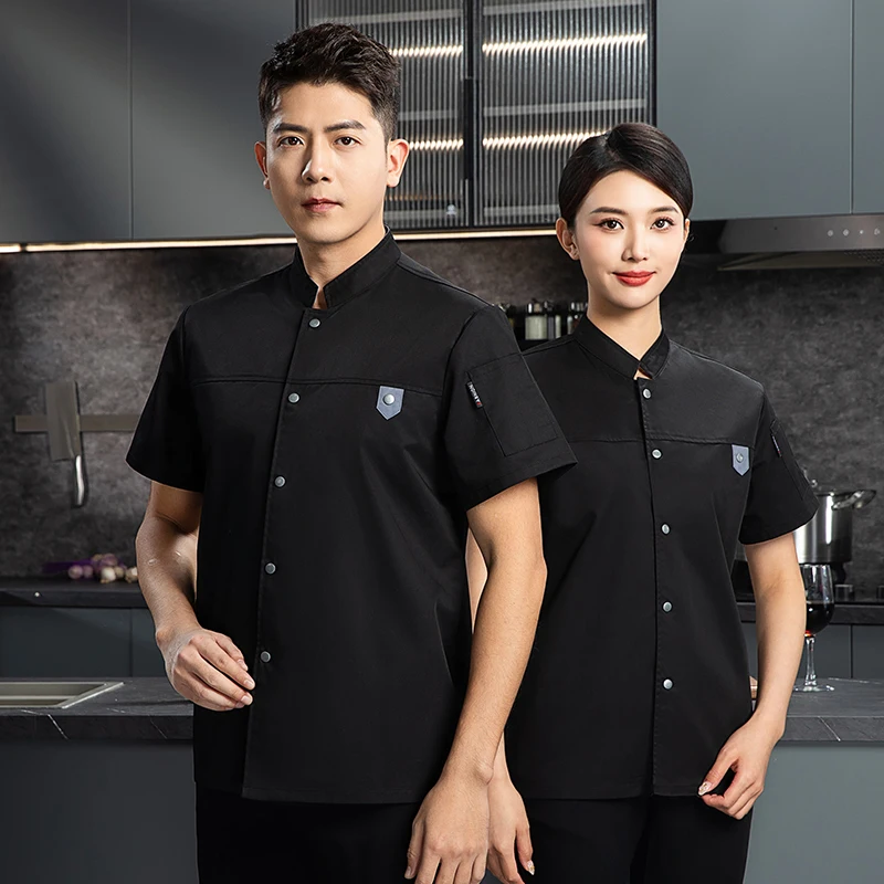 Tablier d'uniforme de chef noir pour hommes, veste à manches courtes, manteau de chef respirant, vêtements de travail avec logo, objectifs de chef, cuisine de restaurant, été