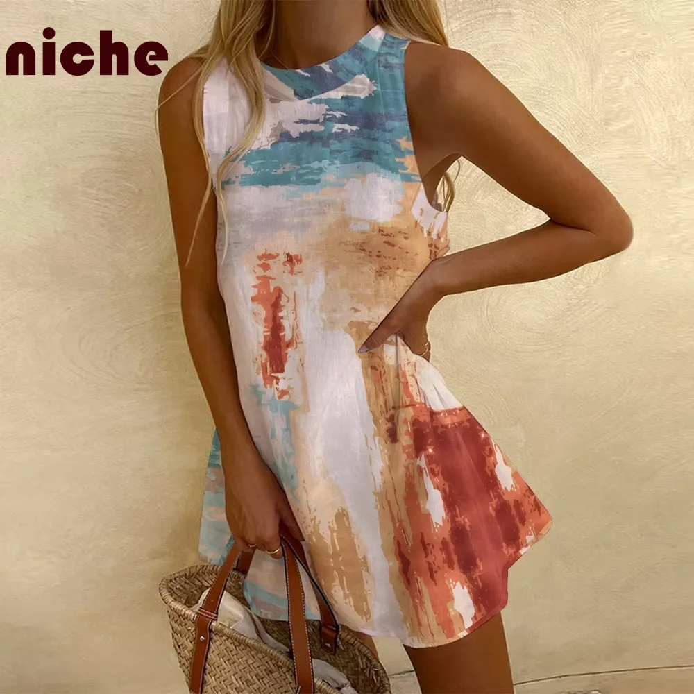 

Retro Ladies Dress Contrasting Color Smudge Graphic Printing High Quality Soft Fabric Chic Trend New Beach Sleeveless Skirt