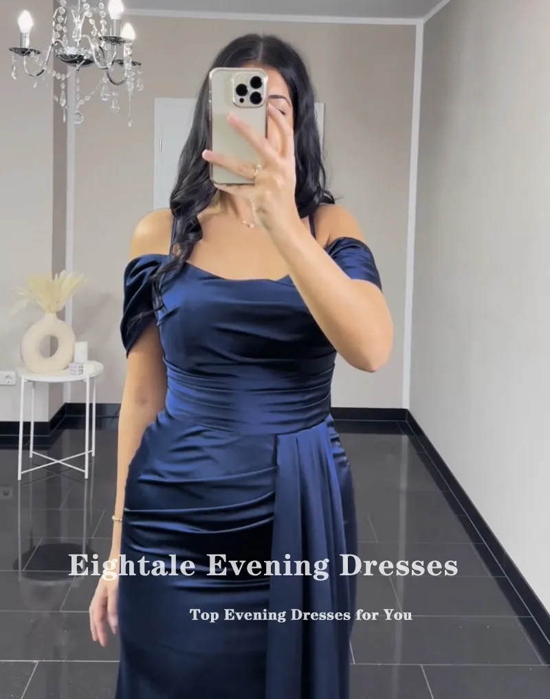 Eightale Arabic Evening Dress Satin Navy Blue Mermaid Prom Gowns Celebrity Wedding Party Dress Vestidos De Noch