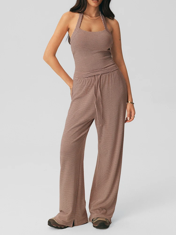 Women's Pilates Yoga Set Casual Striped Wide Leg Pants Set Neck Hanging Vest Top With Chest Cushion Gym Workout Clothing