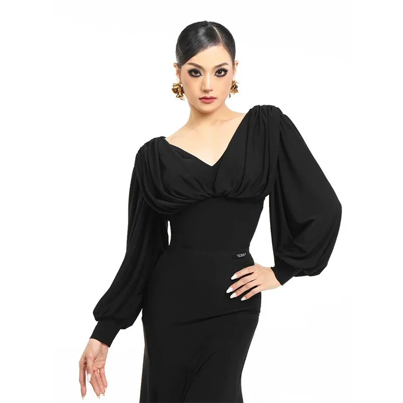 

2024 Ballroom Dance Clothes Women V Neck Puff Sleeved Tops Black Ballroom Skirt Adult Practice Wear Competition Dress DNV21862
