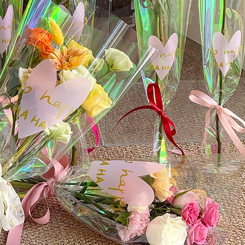 【P】30PCS Love Heart Iridescent Single Rose Sleeves DIY Transparent Flower Wrapping Bag Floral Material Packaging Waterproof view 6