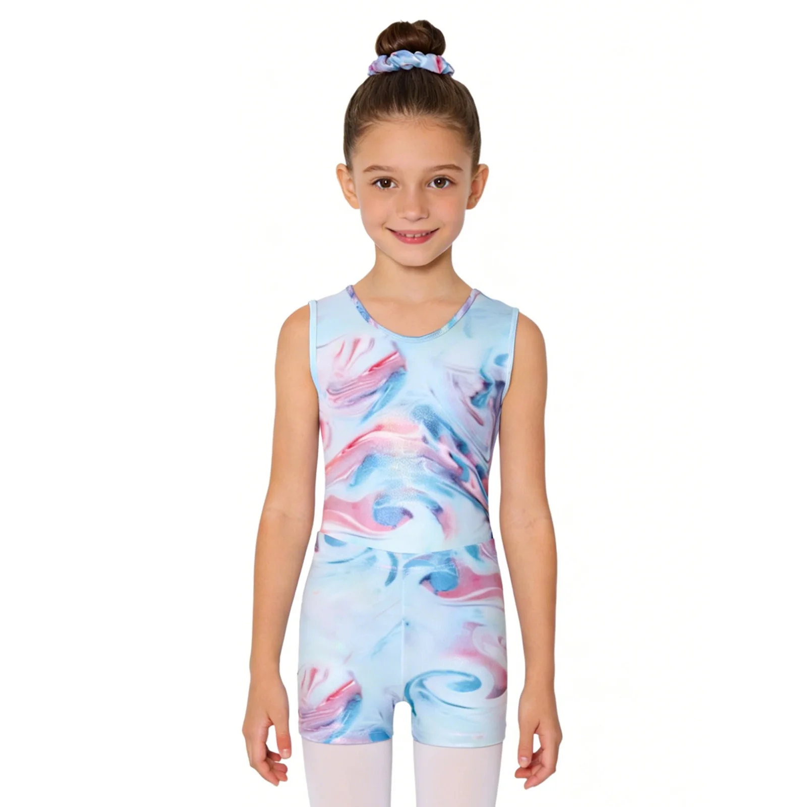 Kids Outfit Sleeveless Jumpsuits Child Dance Unitards for Girls Printed Metallic Gymnastics Ballet Dance Leotard with Shorts