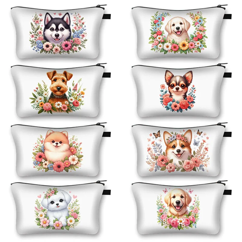 Flowers Puppy Dog Cosmetic Cases Floral Husky Schnauzer Maltese Corgi Dogs Makeup Bag Women Lipstick Storage Bags Toiletry Bag