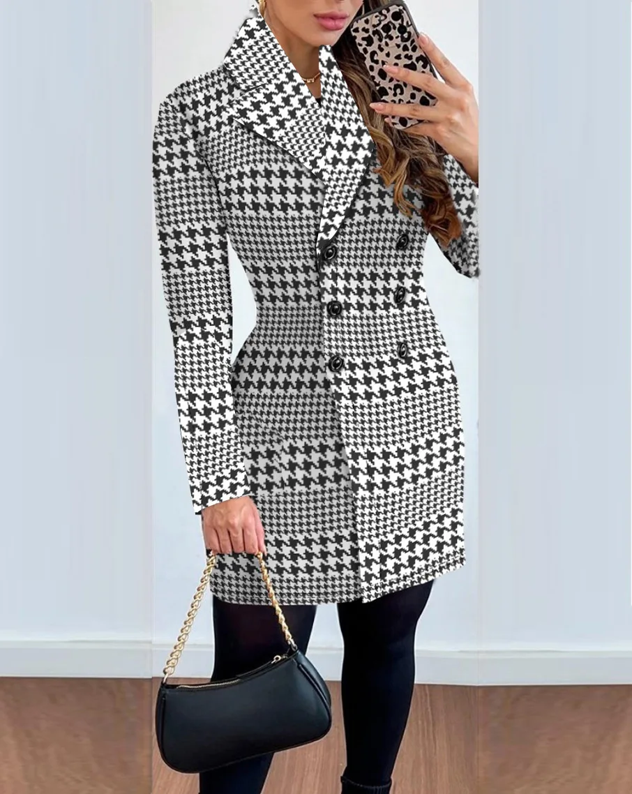 Autumn Winter Fashion Plaid Woolen Coat Dress Women Causal Office Ladies V-neck Double Breasted Slim Woolen Coat Dress Women