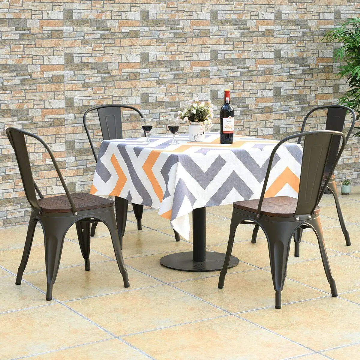 Industrial Vintage Stackable Metal and Wood Dining Chairs in Natural Color for Home, Kitchen and Cafe Bar
