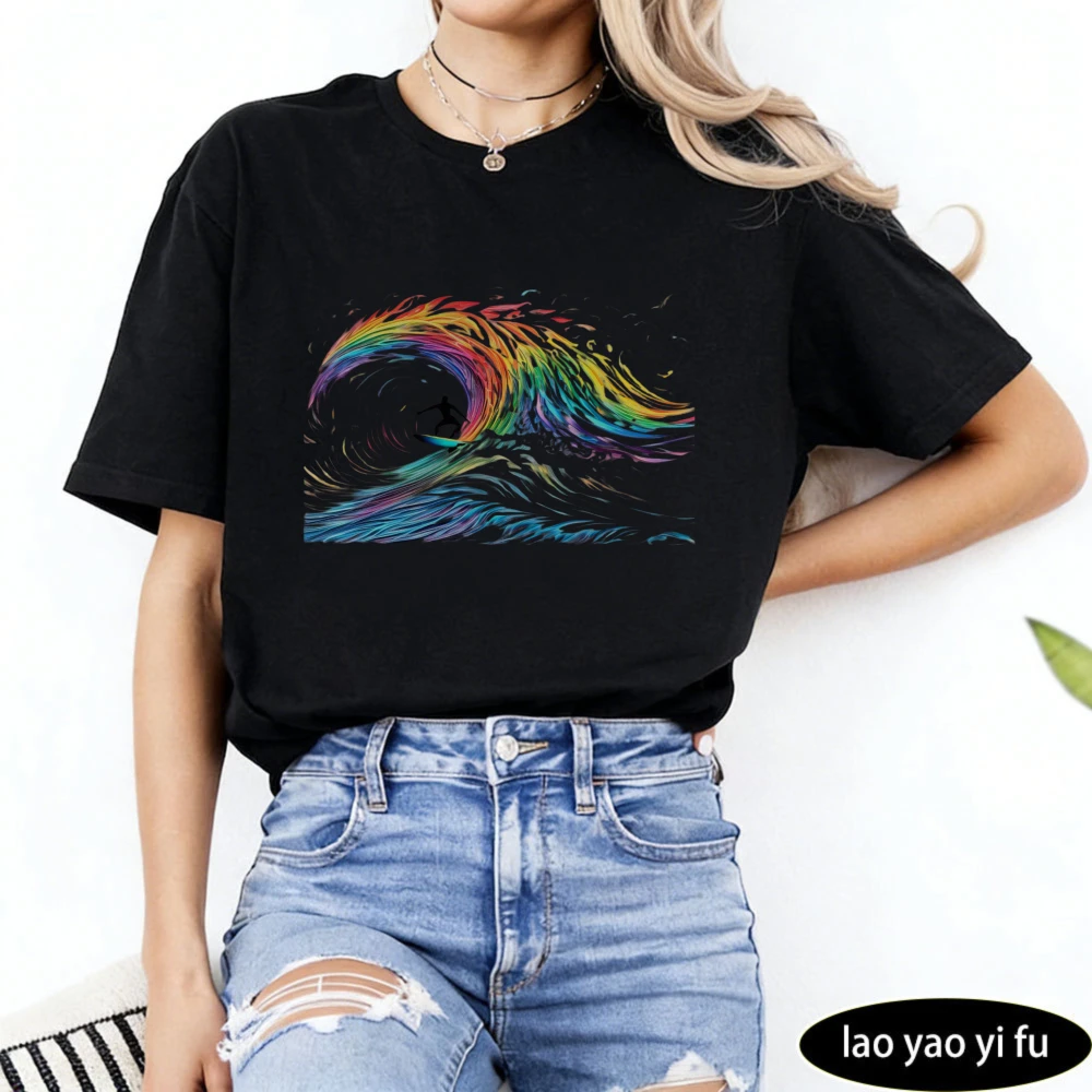 Vibrant Rainbow Wave Surfer T-Shirt Abstract Artistic Psychedelic Unisex Shirt Men Women Fashion Casual Crewneck Cotton Tee Tops