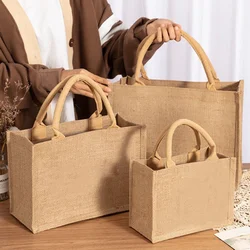 Vintage kadınlar keten Tote Shopper çantalar yaz plaj çanta Retro DIY çanta taşınabilir eko üst kolları çoklu boyutları alışveriş çantası