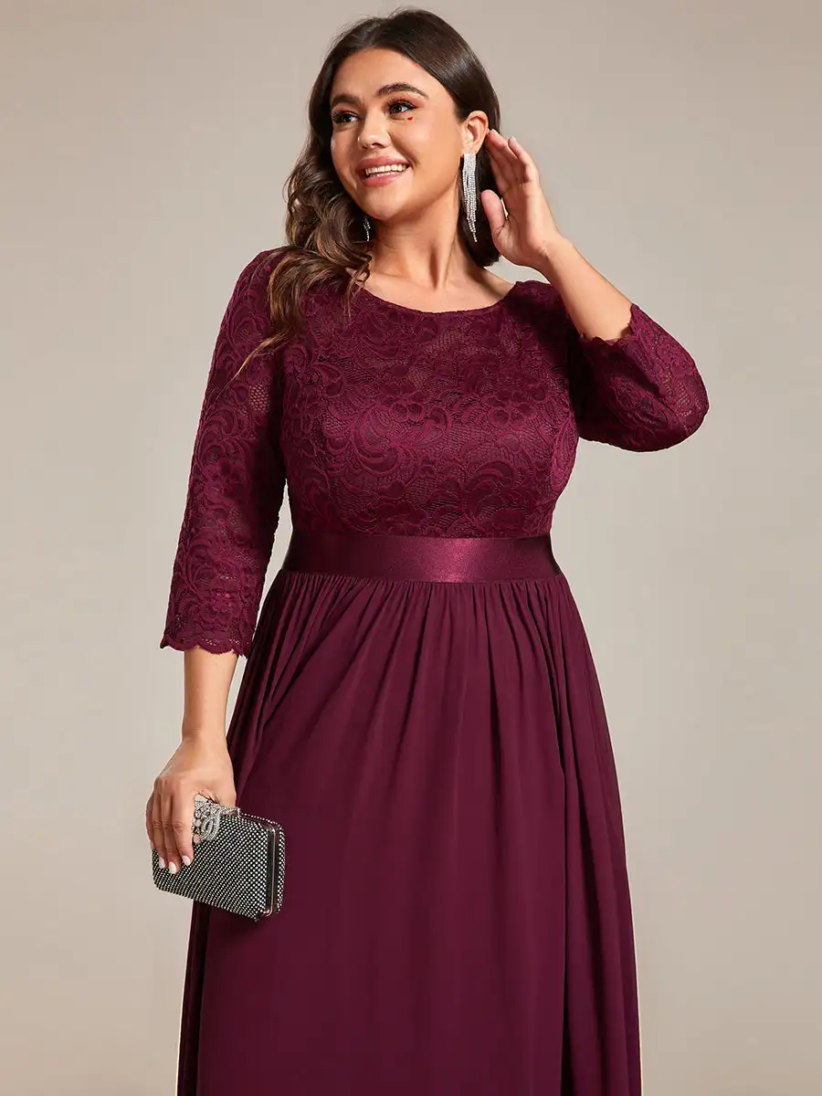 Plus Size Evening Dresses O-Neck Bridesmaid 2024 Ever Pretty with Navy Blue Long Lace Chiffon Sleeve Elegant Dresses for Women