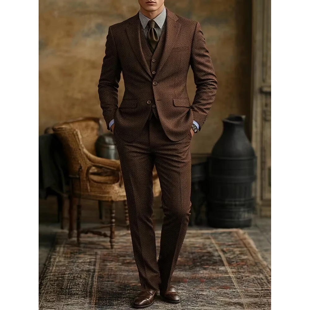 أنيقة براون الرجال الدعاوى 3 قطع سترة سترة بانت مجموعات عالية الجودة واحدة الصدر الشق التلبيب الذكور ملابس الأعمال الذكية #1