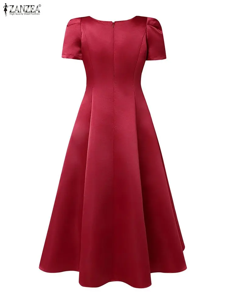 ZANZEA Elegante Abito per Party di Nozze Delle Donne di Raso di Seta Lungo Vestito Estivo 2026 Estate Manica Corta Colletto Quadrato Sexy Solido Vestido Robe
