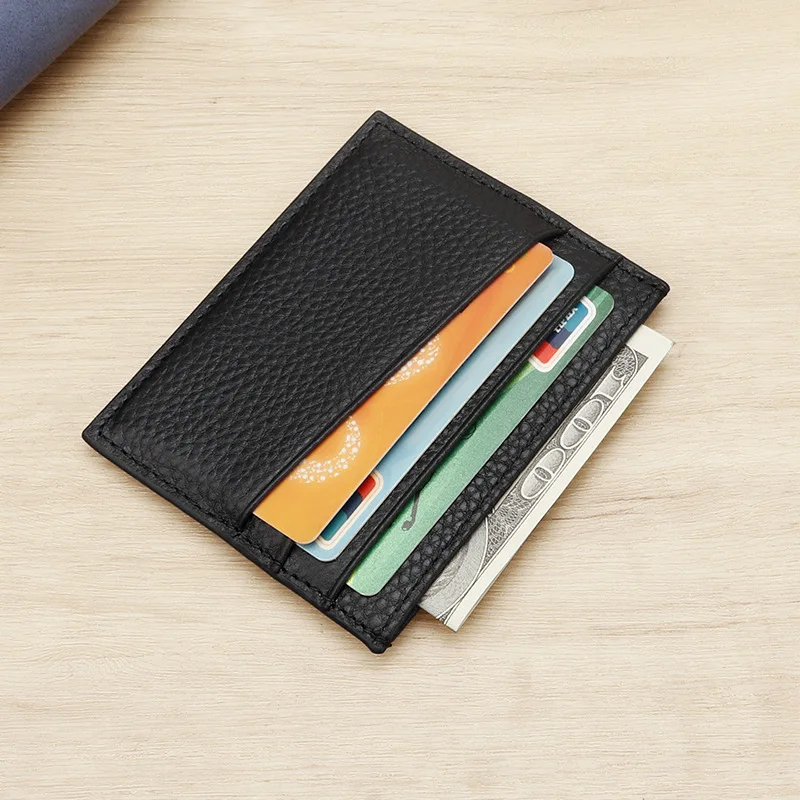Slim Leather Card Holder Grain Cowhide Credit Card Sleeve Minimalist Front Pocket Wallet with Slanted Slots