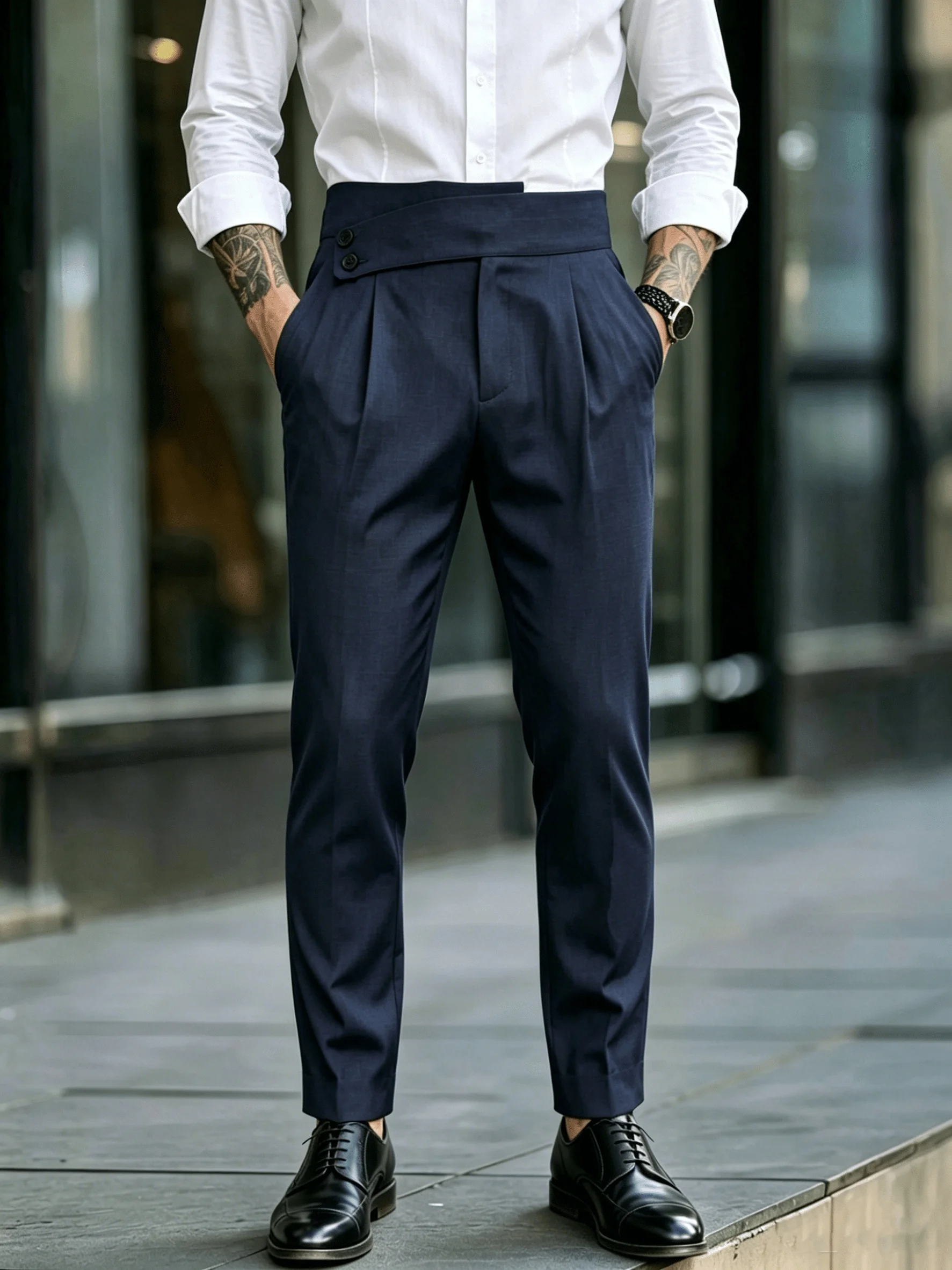 Men's Italian Navy High-Waisted Trousers with Crossed Waistband, Drape-Effect Straight Fit Business Suit Pants