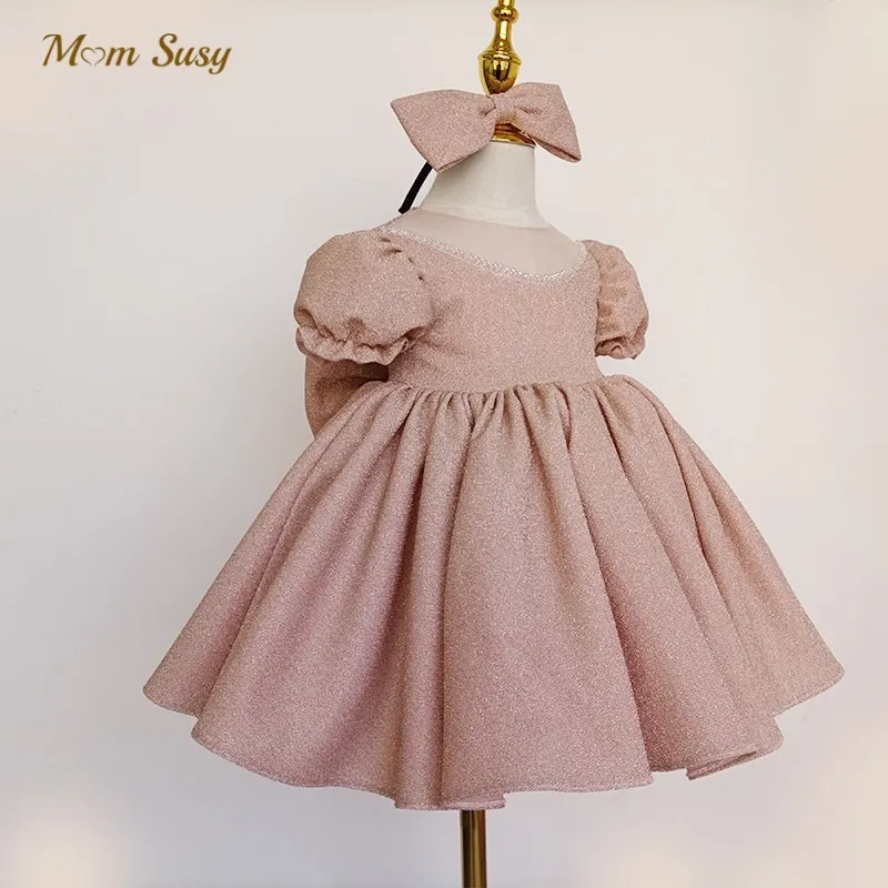 

Baby Girl Princess Pearl Bling Dress Puff Sleeve Infant Toddler Teen Vestido Bow Party Pageant Birthday Baby Clothes 1-14Y