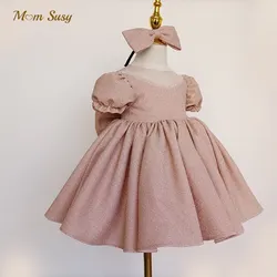 Baby Girl Princess Pearl Bling Dress Puff Sleeve Infant Toddler Teen Vestido Bow Party Pageant Birthday Baby Clothes 1-14Y