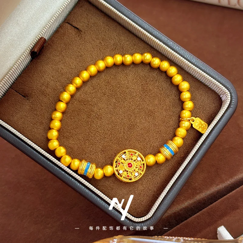 24k 9999Gold Rotatable Auspicious Eight Treasures Compass Gold Bead Bracelet Red Agate Fortune Bead Bracelet Jewelry
