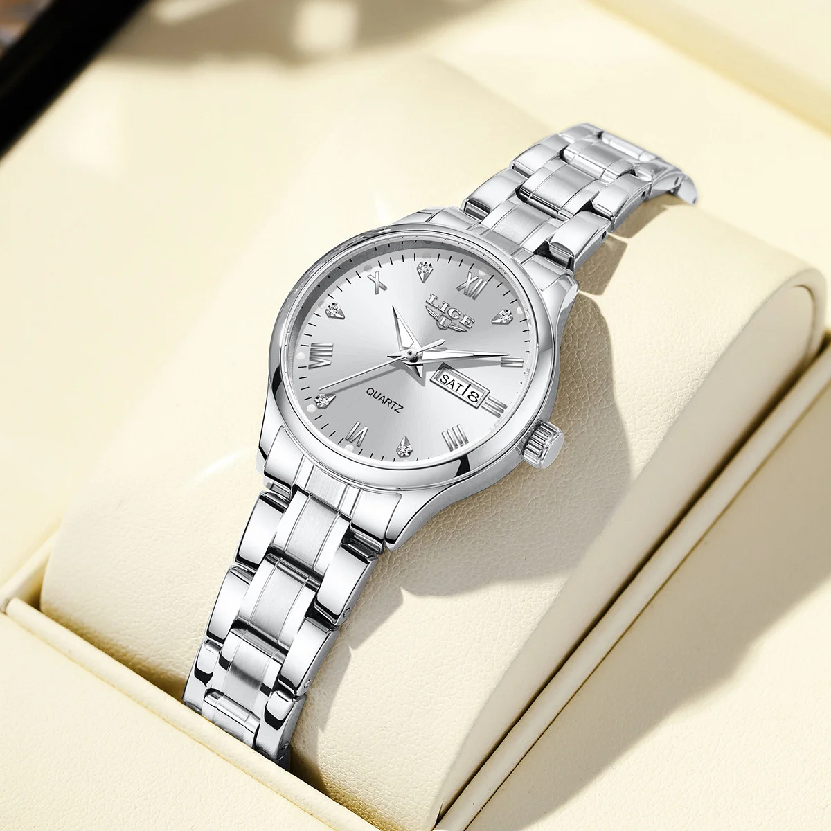 LIGE エレガントな女性の腕時計クラシックダイヤモンドダイヤル防水クォーツ時計デュアル日付防水発光ステンレス鋼レディース腕時計