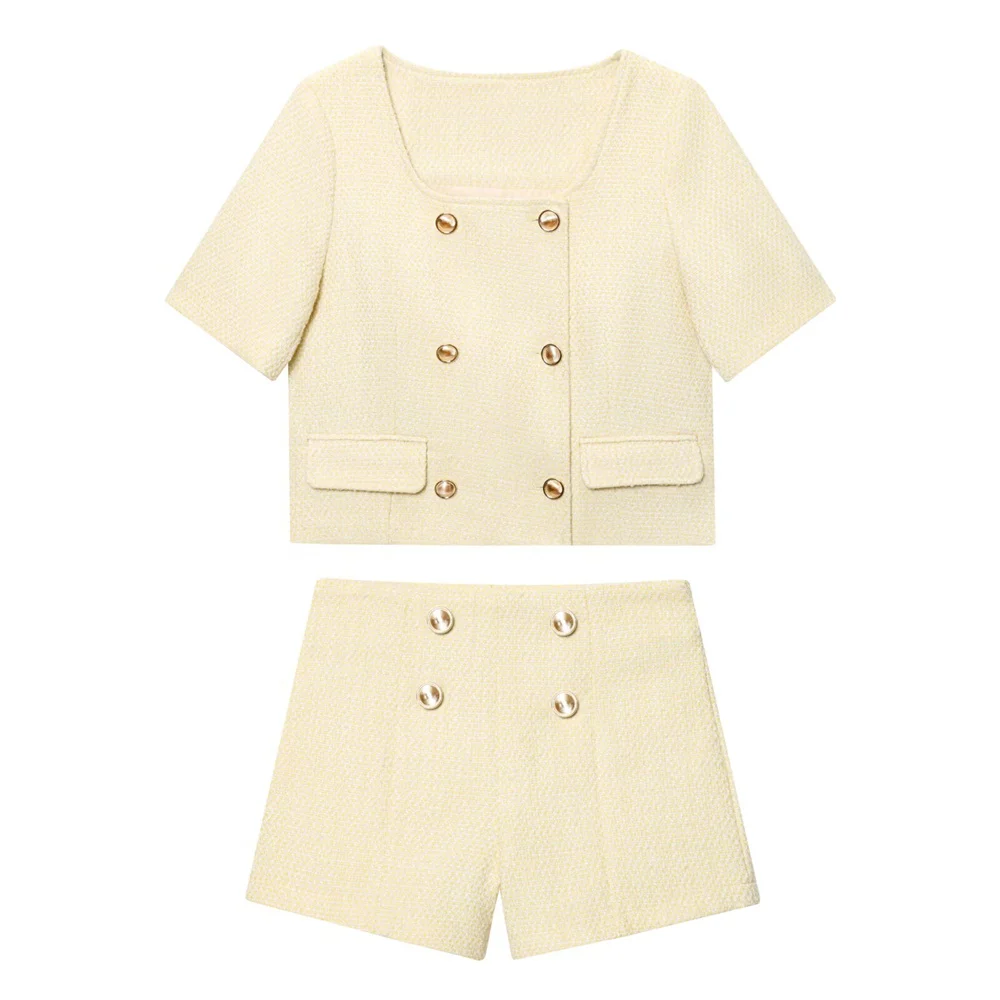 

2025 new women's casual and elegant design with European and American style texture short sleeved suit jacket&shorts set