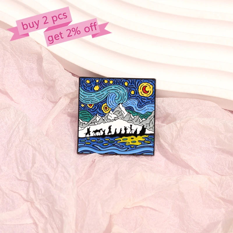 Night Sky Oil Painting Enamel Pins Custom Distorted Night Scene Brooches Lapel Badges Clothes Punk Jewelry Gift for Friends