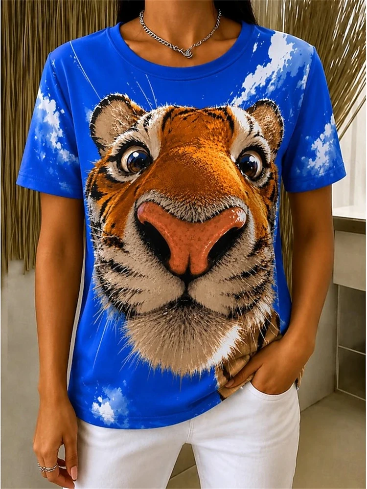 Women's Fashionable Casual Short-Sleeve T-Shirt with Cute Tiger Print Short Round Neck Breathable and Loose-Fitting