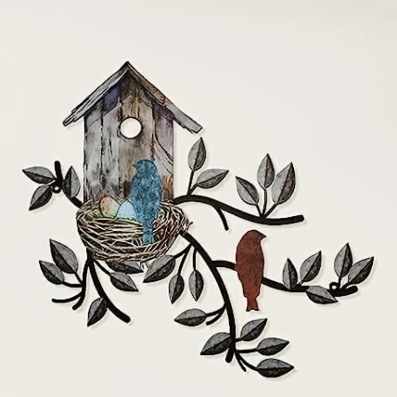 Garden Metal Art Tree With Bird House Wall Decoration,Tree Branches And Bird Iron Crafts Wall Mount Metal Wall Sculpture Artwork