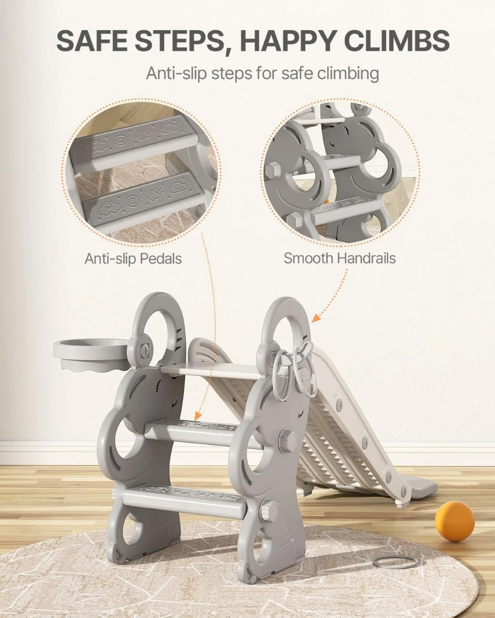 Corrediça dobrável para crianças com cesta de basquete e lançamento de anel, conjunto de jogos interno e externo para crianças de 1 a 3 anos