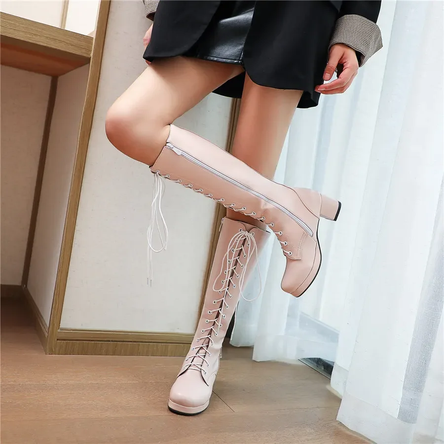 Big Size Sweet Women Knee High Platform Boots Pink White Block Heel Casual Party Lady Round Toe Zipper Lace-up Lolita Long Boots