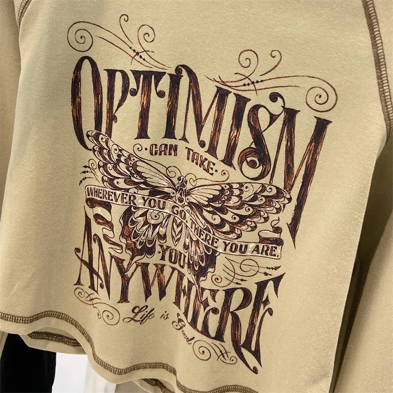 Women T-shirt American Vintage Butterfly Long Sleeve T-shirt Autumn Design Letter Print Versatile Short Top Female Top