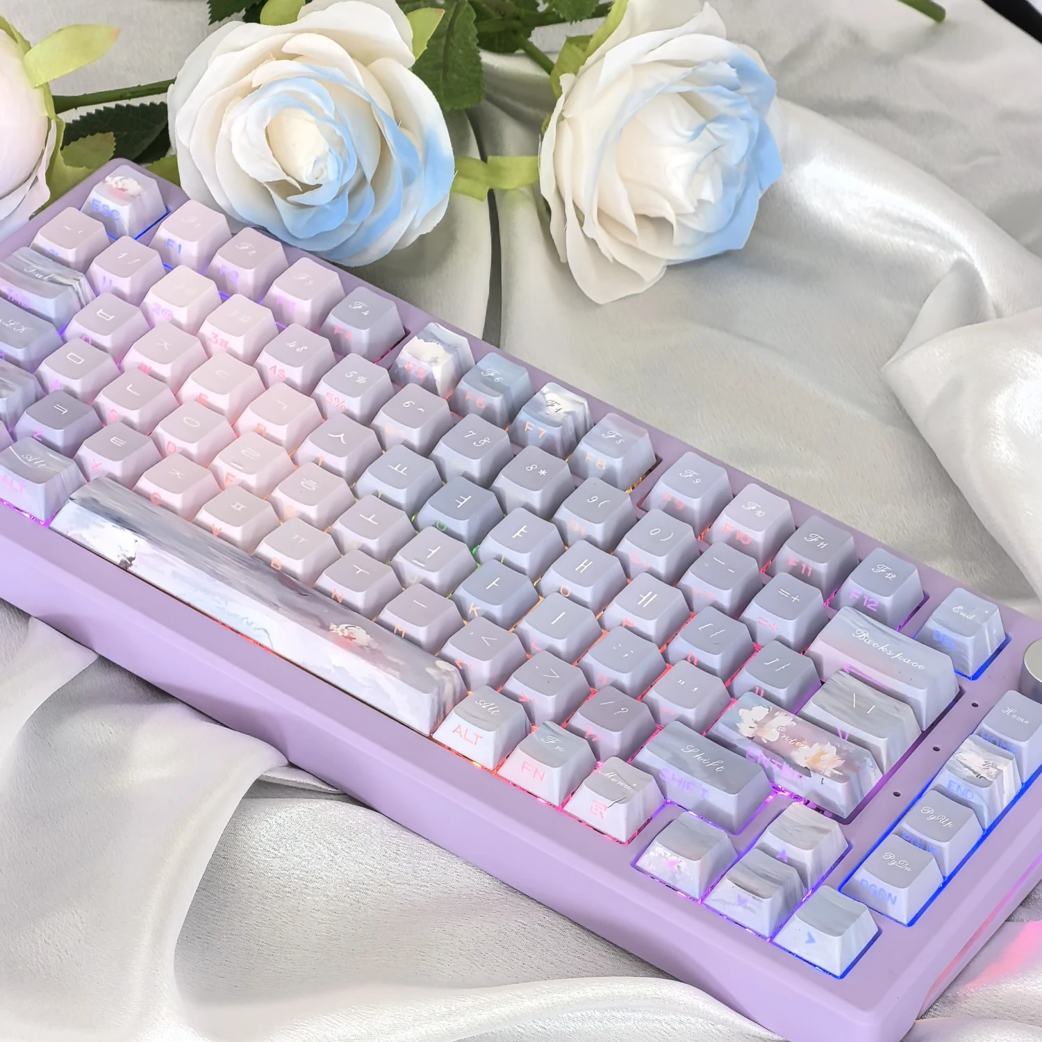 Imagem -05 - Dreamy Roxo Coreano Keycap Teclado Mecânico Pbt Cereja Lado Gravado Translúcido Key Caps Monet Water Lily 130 Chaves