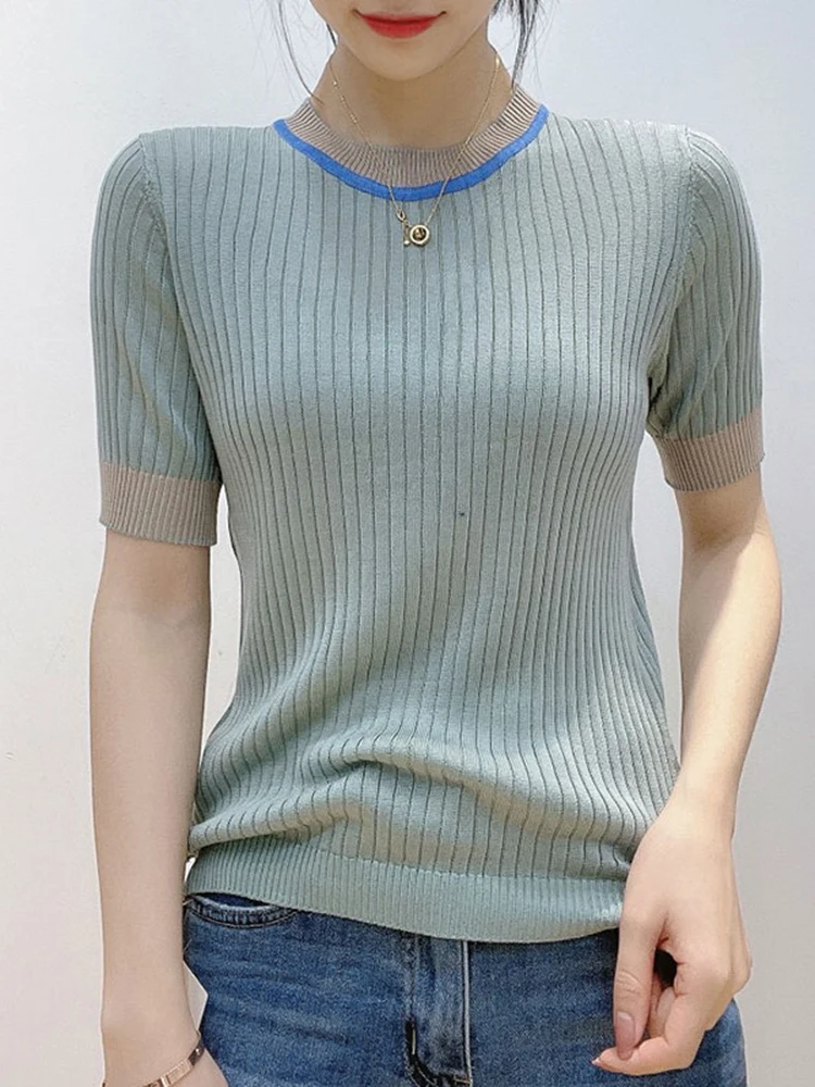 

Summer 2022 Thin Striped Sweater Women Pullover Ladies Knitted Tops Short Sleeve Sweaters Contrast Color Clothes Jersey Mujer