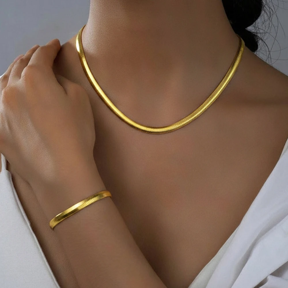 2Pcs Gold Herringbone Necklace & Bracelet Set, Minimalist Style, For Women Daily & Party Jewelry