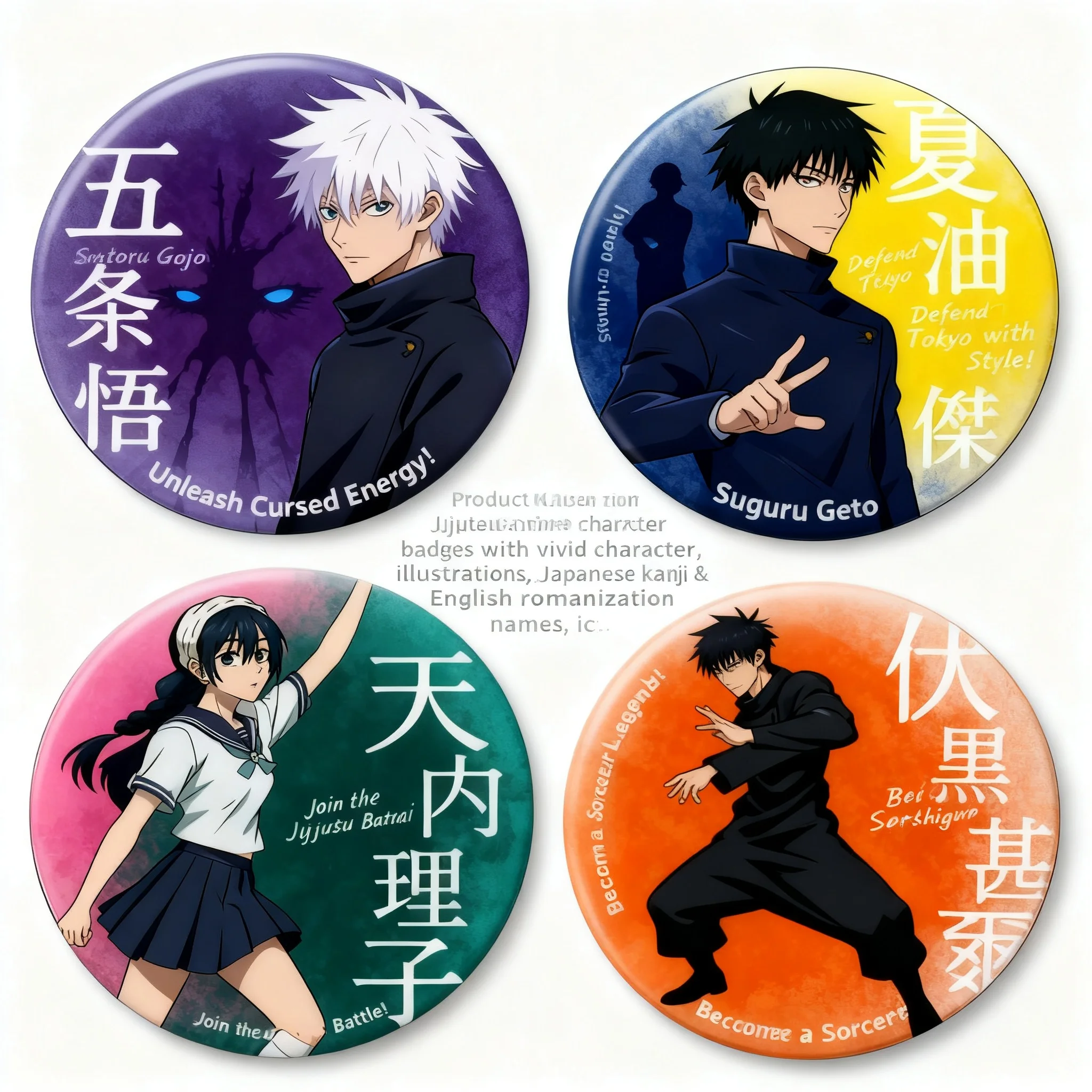 

Набор значков по аниме Jujutsu Kaisen с Фушигуро Мегуми, Годжо Сатору, Гето Сугуру, Аманай Рико — значки-броши для косплея