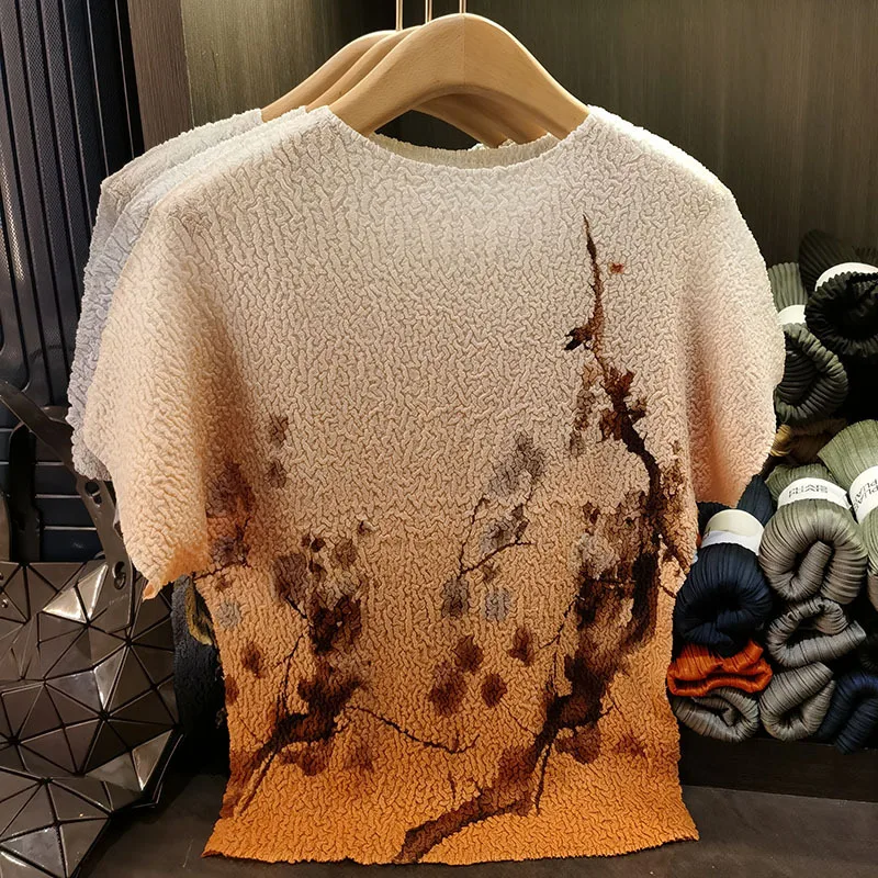 

Miyake Senior Sense Pleated T-shirt 2025 Summer Retro Country Style Ink Plum Print Fold T-shirt Versatile Thin Pleat Tops Women