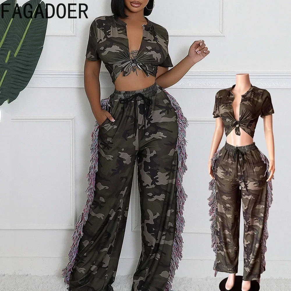 

FAGADOER Camouflage Print 2 Piece Outfit Set Womens Bandage Lace-up Crop Tops and Tassels Fringed Pants Suits Street Clubwear