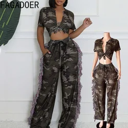 FAGADOER Camouflage Print 2 Piece Outfit Set Womens Bandage Lace-up Crop Tops and Tassels Fringed Pants Suits Street Clubwear