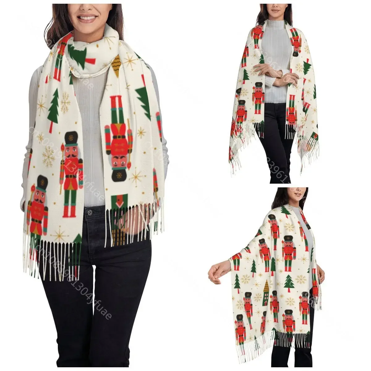 Womens Tassel Scarf Nutcracker Merry Christmas Long Super Soft Shawl Wrap Nordic New Year Daily Wear Pashmina Scarves