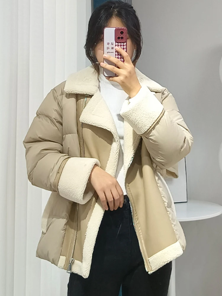 FTLZZ New Winter Motorcycle Jacket Women High Street Faux Lamb Leather Patchwork White Duck Down Coat Lady Thick Warm PU Outwear