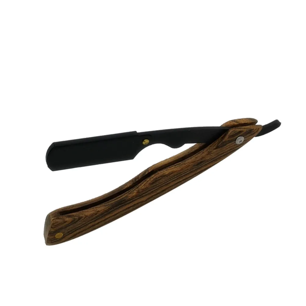 Black Wooden Handle Steel Razor Portable Folding Straight Barber Shaving Tool for Men Beard Sideburns Short Hair Metal Manual
